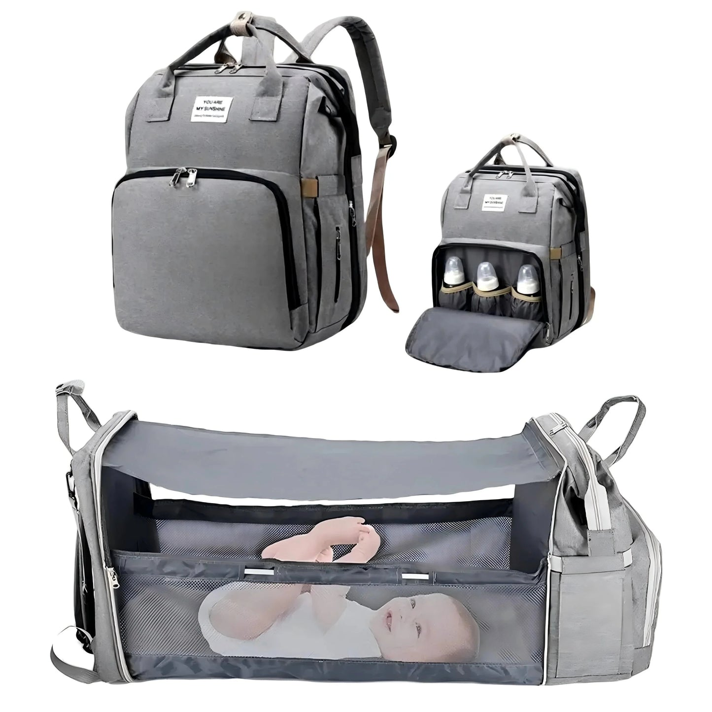 3 in 1 Diaper Bag Backpack with Foldable Baby Bed & USB